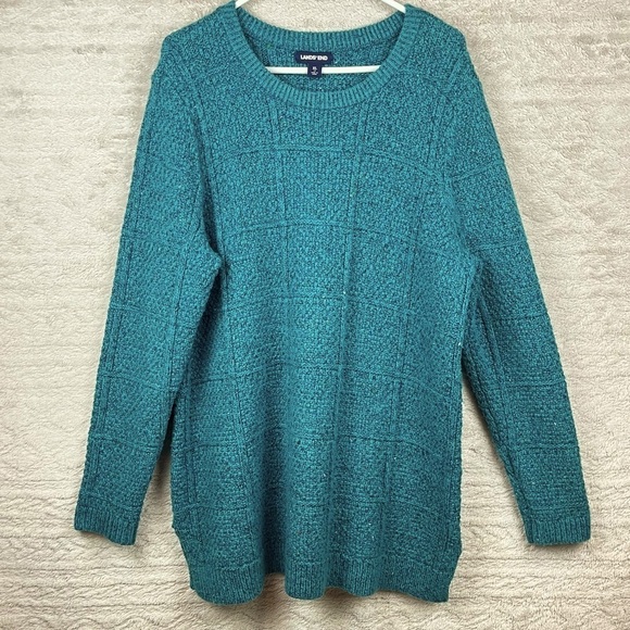 LANDS END Aqua Green Confetti Rag Sweater Wool Blend XL - Picture 1 of 15